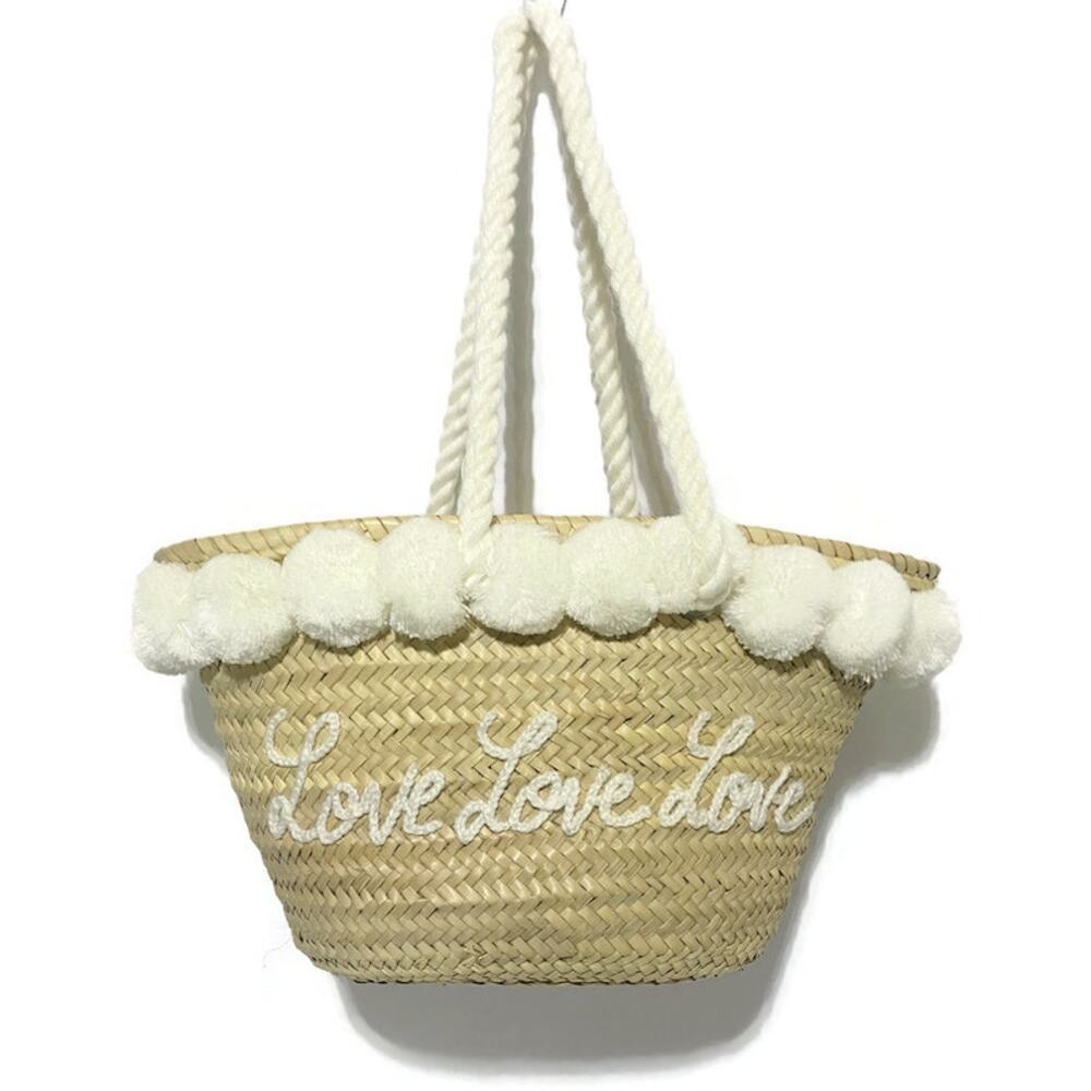 Bonita Moroccan Market Beach Bag Love Motif With Large Pom-Poms Brown Tan